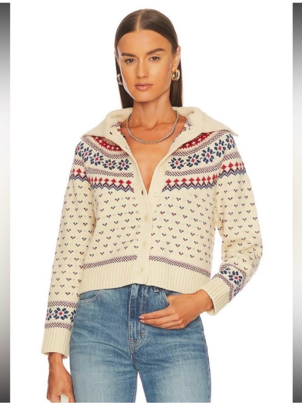 The Great. The Mini Collar Cardigan Sweater Knit Cream Floral Fairisle